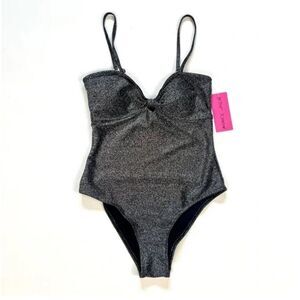 Betsey Johnson Black Metallic Center Front Knot One Piece Swimsuit. Size S New